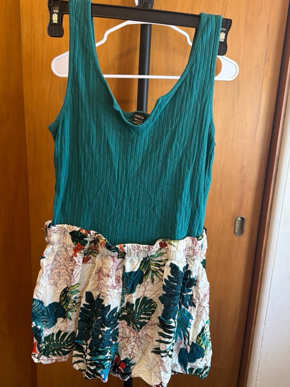 Teal Ribbed Tank Dress with Tropical Print Skirt
